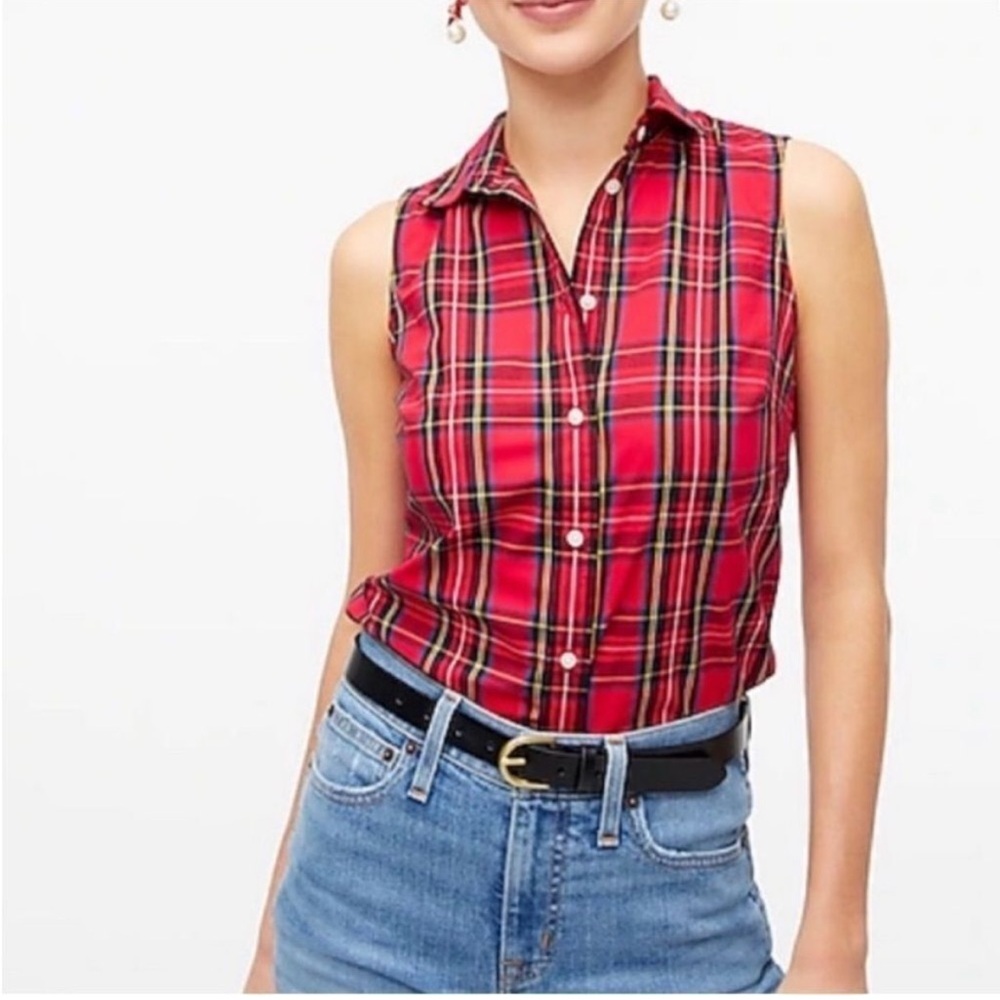 Jcrew sleeveless collared red tartan plaid button up blouse